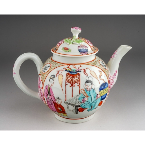 417 - A Worcester teapot and cover, circa 1770-1775, small globular decorated in the Mandarin style, oval ... 