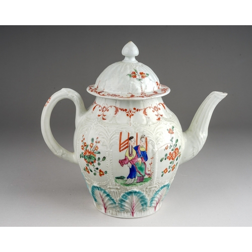 418 - A Liverpool Philip Christian moulded teapot and cover, circa 1770, decorated in the Mandarin style, ... 