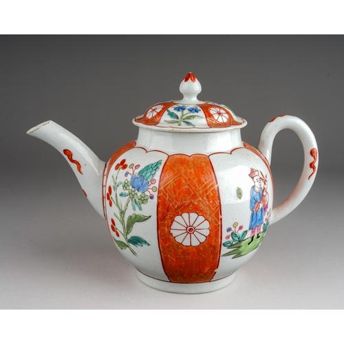 420 - A Worcester teapot and cover, circa 1758-65, small globular decorated in the Mandarin style with alt... 