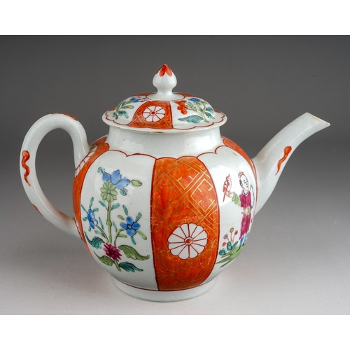 420 - A Worcester teapot and cover, circa 1758-65, small globular decorated in the Mandarin style with alt... 