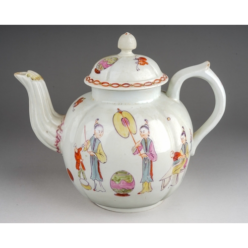 422 - A Derby teapot and cover, circa 1760, melon shaped decorated with Chinese Family, with lady seated w... 