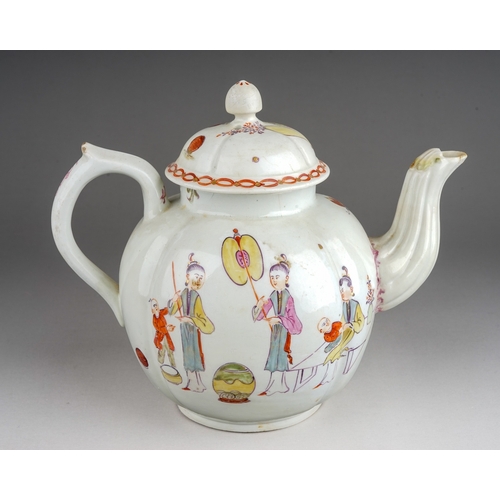 422 - A Derby teapot and cover, circa 1760, melon shaped decorated with Chinese Family, with lady seated w... 