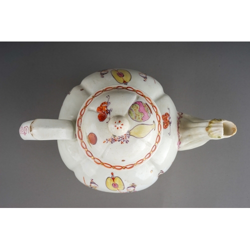 422 - A Derby teapot and cover, circa 1760, melon shaped decorated with Chinese Family, with lady seated w... 