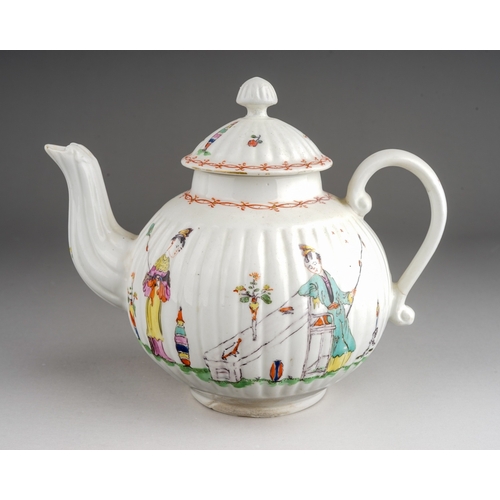 423 - A Derby teapot and cover, circa 1765, ribbed globular form decorated in the Mandarin style 