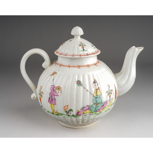 423 - A Derby teapot and cover, circa 1765, ribbed globular form decorated in the Mandarin style 