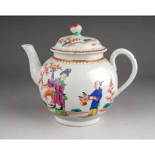 424 - A Worcester teapot and cover circa 1775-80, small globular Famille Rose painted with a Chinese Woman... 