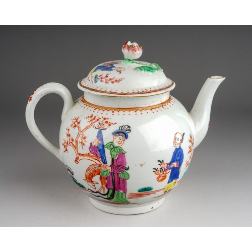 424 - A Worcester teapot and cover circa 1775-80, small globular Famille Rose painted with a Chinese Woman... 