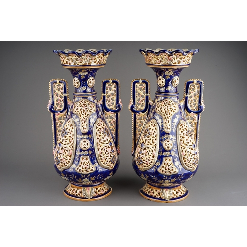 460 - Large pair of Hungarian Zsolnay ? reticulated art pottery vases, flat chip under one foot rim, other... 