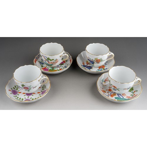 468 - Four Meissen Chinoiserie coffee cups and saucers, the cups with wavy borders, floral sprig to interi... 