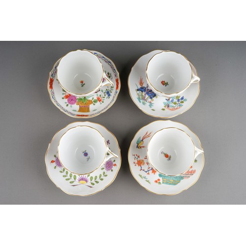 468 - Four Meissen Chinoiserie coffee cups and saucers, the cups with wavy borders, floral sprig to interi... 