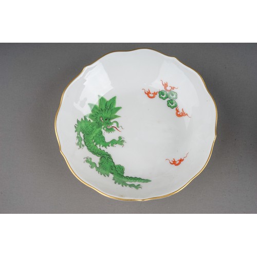 469 - A set of three Meissen Chinoiserie Dragon coffee cups and saucers, each cup with wavy rim and gilt h... 