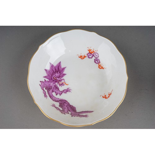 469 - A set of three Meissen Chinoiserie Dragon coffee cups and saucers, each cup with wavy rim and gilt h... 