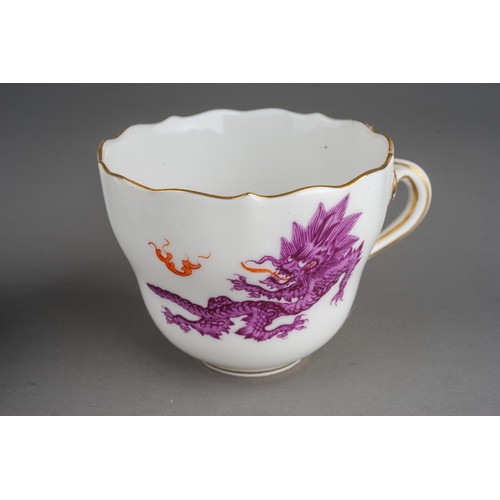 469 - A set of three Meissen Chinoiserie Dragon coffee cups and saucers, each cup with wavy rim and gilt h... 