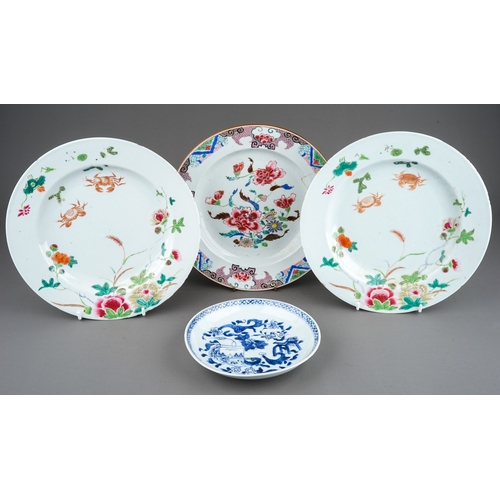 475 - A group of four Chinese Export plates to include: pair of famille rose plates decorated with crabs a... 