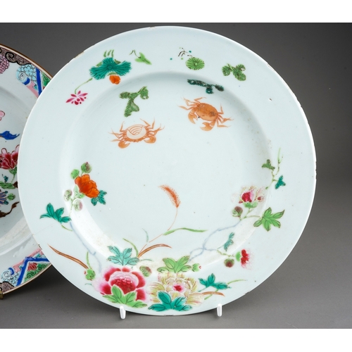 475 - A group of four Chinese Export plates to include: pair of famille rose plates decorated with crabs a... 