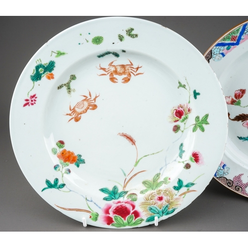 475 - A group of four Chinese Export plates to include: pair of famille rose plates decorated with crabs a... 