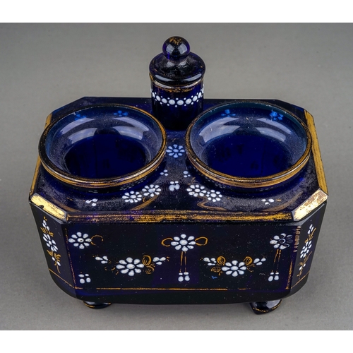 502 - A 19th Century cobalt glass rectangular inkwell with canted corners, the entire enamelled with white... 