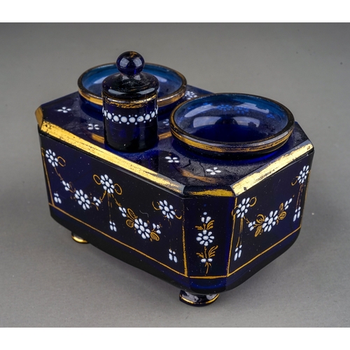 502 - A 19th Century cobalt glass rectangular inkwell with canted corners, the entire enamelled with white... 