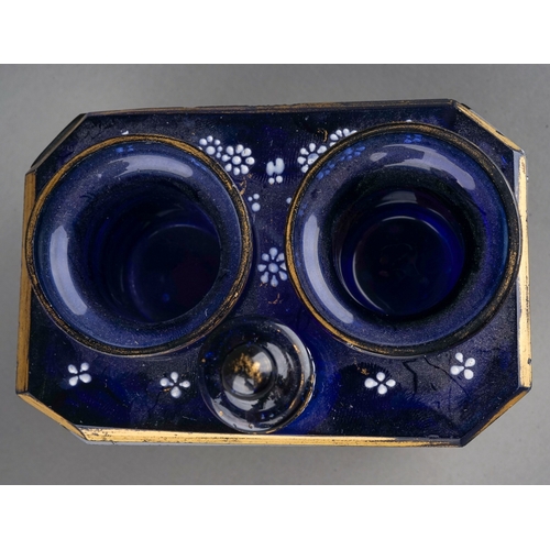 502 - A 19th Century cobalt glass rectangular inkwell with canted corners, the entire enamelled with white... 