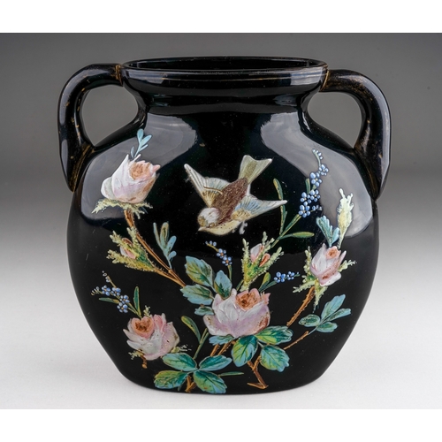 503 - Harrach Moser Bohemian Superb Quality Period Enamelled Glass two handled moon vase circa 1870's. Ena... 