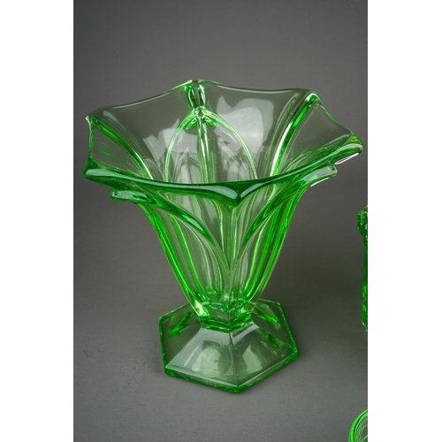 505 - Collection of 4 moulded uranium glass pieces to include rose bowl, pot and cover and 2 vases (4)