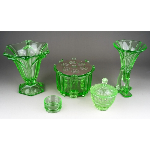 505 - Collection of 4 moulded uranium glass pieces to include rose bowl, pot and cover and 2 vases (4)