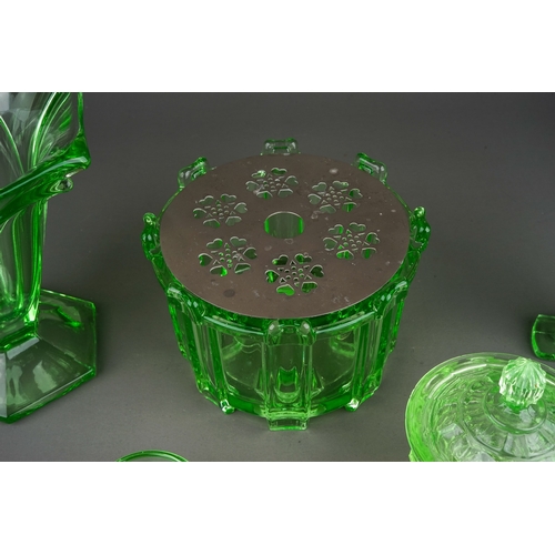 505 - Collection of 4 moulded uranium glass pieces to include rose bowl, pot and cover and 2 vases (4)