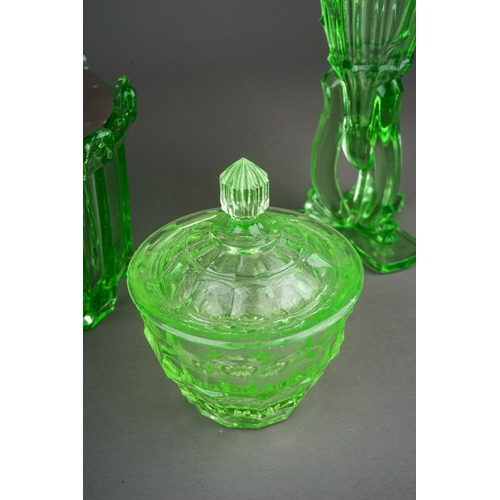 505 - Collection of 4 moulded uranium glass pieces to include rose bowl, pot and cover and 2 vases (4)