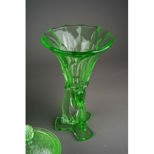 505 - Collection of 4 moulded uranium glass pieces to include rose bowl, pot and cover and 2 vases (4)