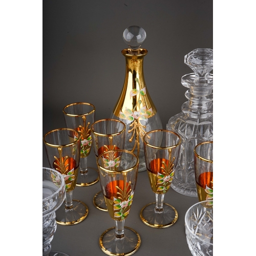 506 - Collection of glassware to include Italian Murano style decanter and glasses, 3 further decanters an... 