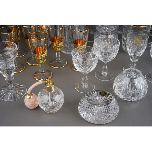 506 - Collection of glassware to include Italian Murano style decanter and glasses, 3 further decanters an... 