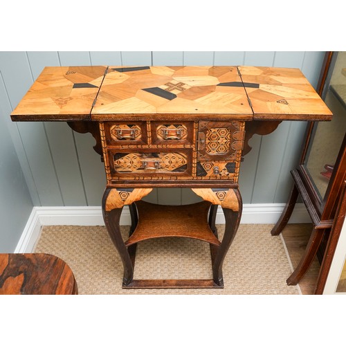 526 - A Japanese Meiji period parquetry cabinet on stand, the double hinged cover opens to reveal geometri... 