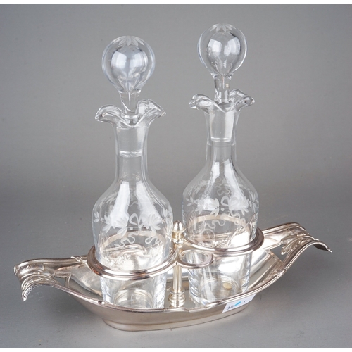 561 - French silver plated stand with 2 etched glass oil bottles and stoppers by O.Gallia  pattern number ... 