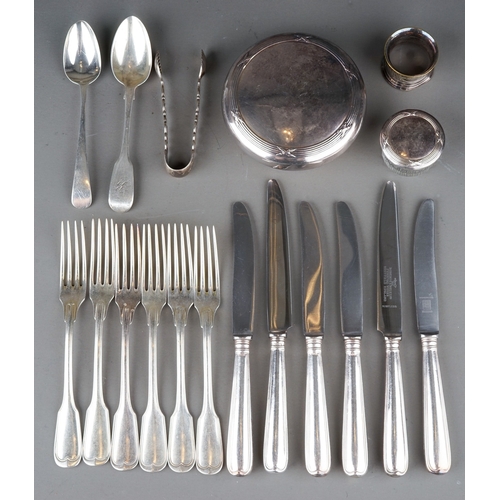 573 - Assorted silver to include: six German 800 standard fiddle and thread pattern dessert forks and matc... 