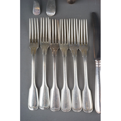 573 - Assorted silver to include: six German 800 standard fiddle and thread pattern dessert forks and matc... 