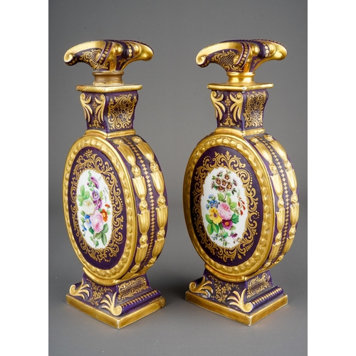 330A - A pair of 19th Century French probably Paris porcelain large scent bottles with stoppers, green grou... 