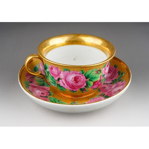 329A - A 19th Century Meissen porcelain breakfast cup and saucer, the entire decorated with pink roses on g...