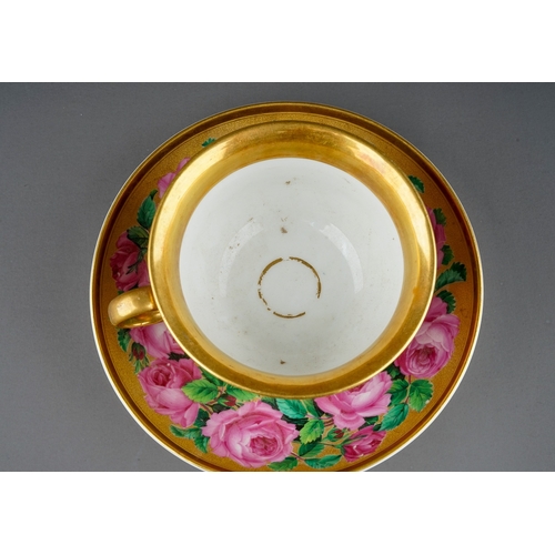 329A - A 19th Century Meissen porcelain breakfast cup and saucer, the entire decorated with pink roses on g... 