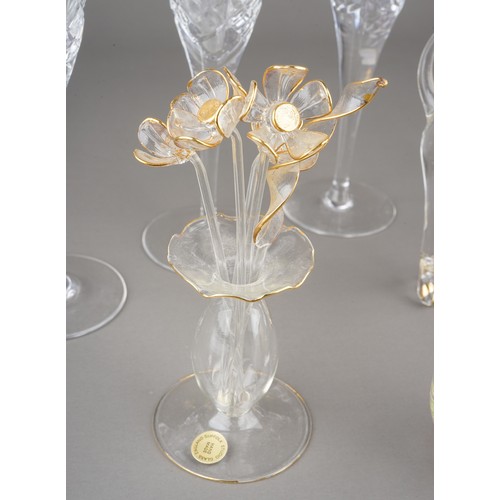 505A - Glassware to include: three cut glass Champagne flutes; a pair of Murano style cats; a Suffolk glass... 