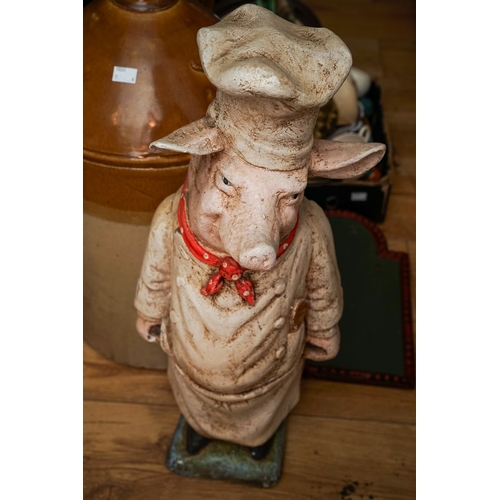 94A - A butcher's shop window display ceramic pig dressed as a chef, height 63cm, with a box of ceramics a... 