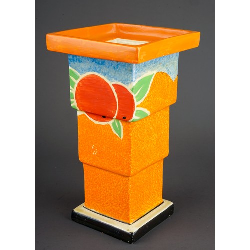 128 - A Clarice Cliff Bizarre vase, shape no. 369A of stepped square form, decorated with two oranges on a...