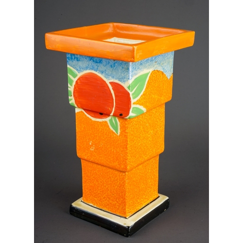 128 - A Clarice Cliff Bizarre vase, shape no. 369A of stepped square form, decorated with two oranges on a... 