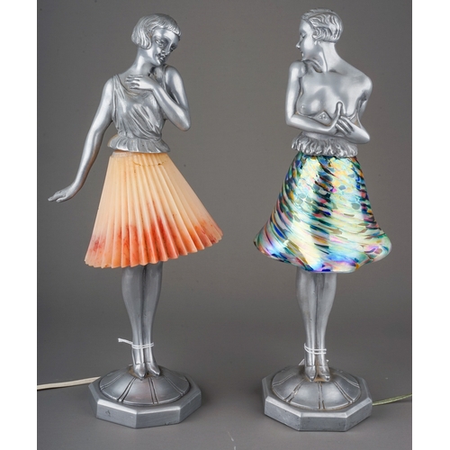 126 - Two Art Deco style pewter effect table lamps in the form of ladies, one with pleated marbled peach b... 