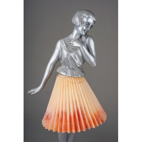 126 - Two Art Deco style pewter effect table lamps in the form of ladies, one with pleated marbled peach b... 