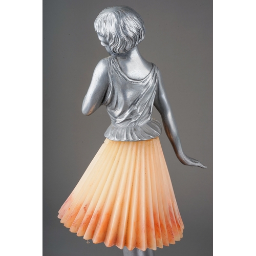 126 - Two Art Deco style pewter effect table lamps in the form of ladies, one with pleated marbled peach b... 