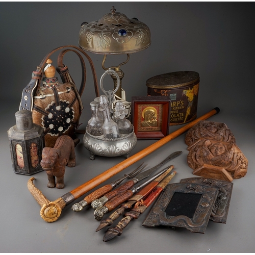 144 - A box of 19th and 20th century metalware, etc, including an early 20th century foliate embossed bras... 