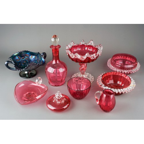 500 - Collection of cranberry glass to include decanter, dishes, pedestal dish, jugs, vases etc. together ... 