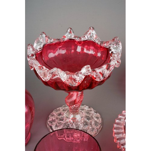 500 - Collection of cranberry glass to include decanter, dishes, pedestal dish, jugs, vases etc. together ... 