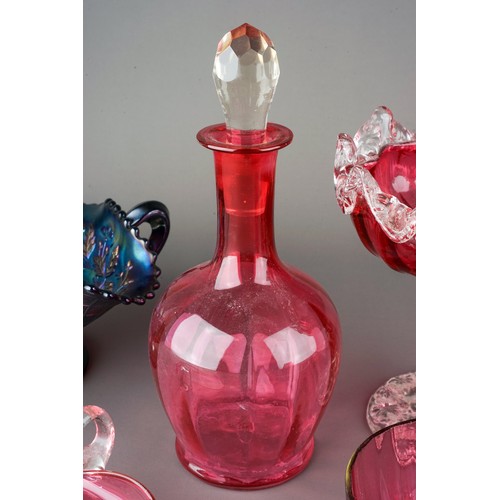 500 - Collection of cranberry glass to include decanter, dishes, pedestal dish, jugs, vases etc. together ... 