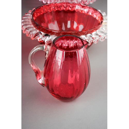 500 - Collection of cranberry glass to include decanter, dishes, pedestal dish, jugs, vases etc. together ... 